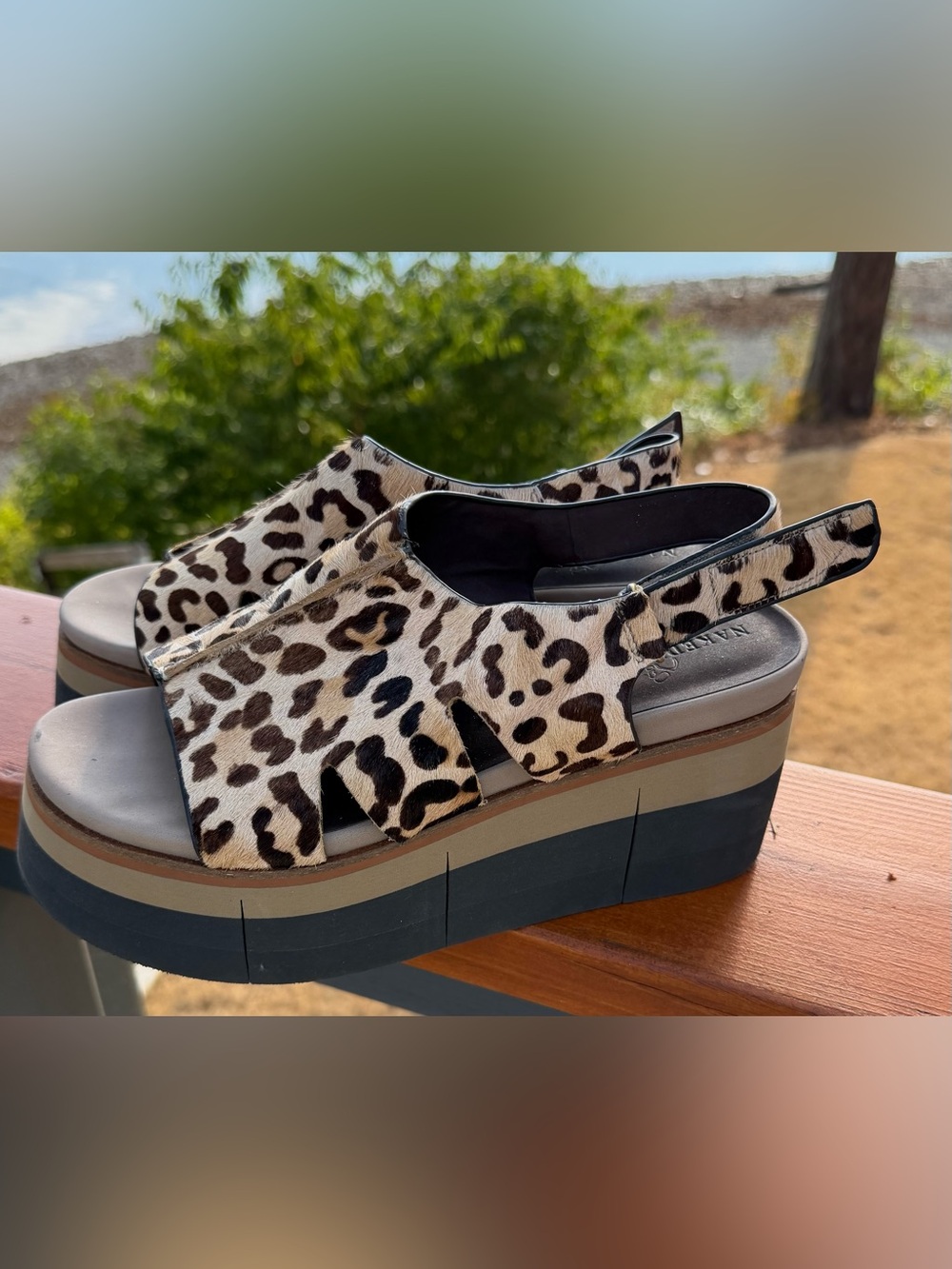 Naked Feet Geo Genuine Calf Hair Leopard Platform Sandals Women’s 8.5
